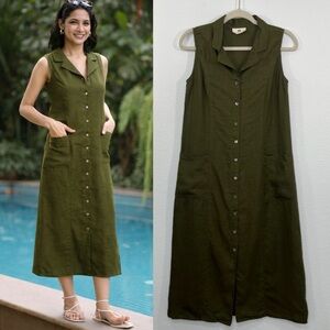 Creatures of Habit 100% Linen Collard Dress Button front Olive Green size Medium